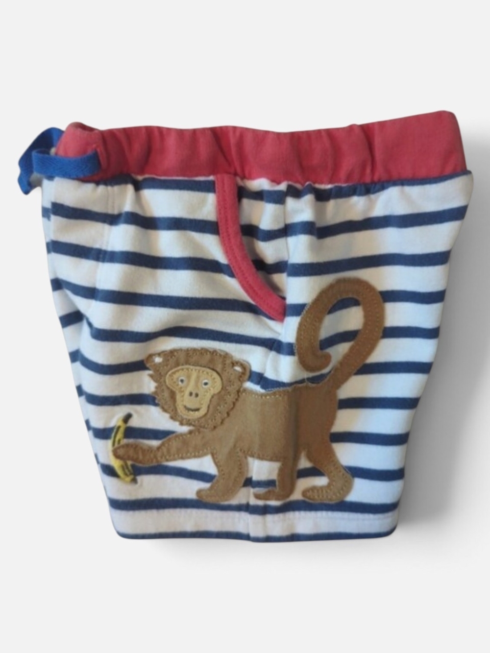 Baby Boden Navy & White Striped Shorts w/ Red Waistband & Monkey Appliqué 6-12M